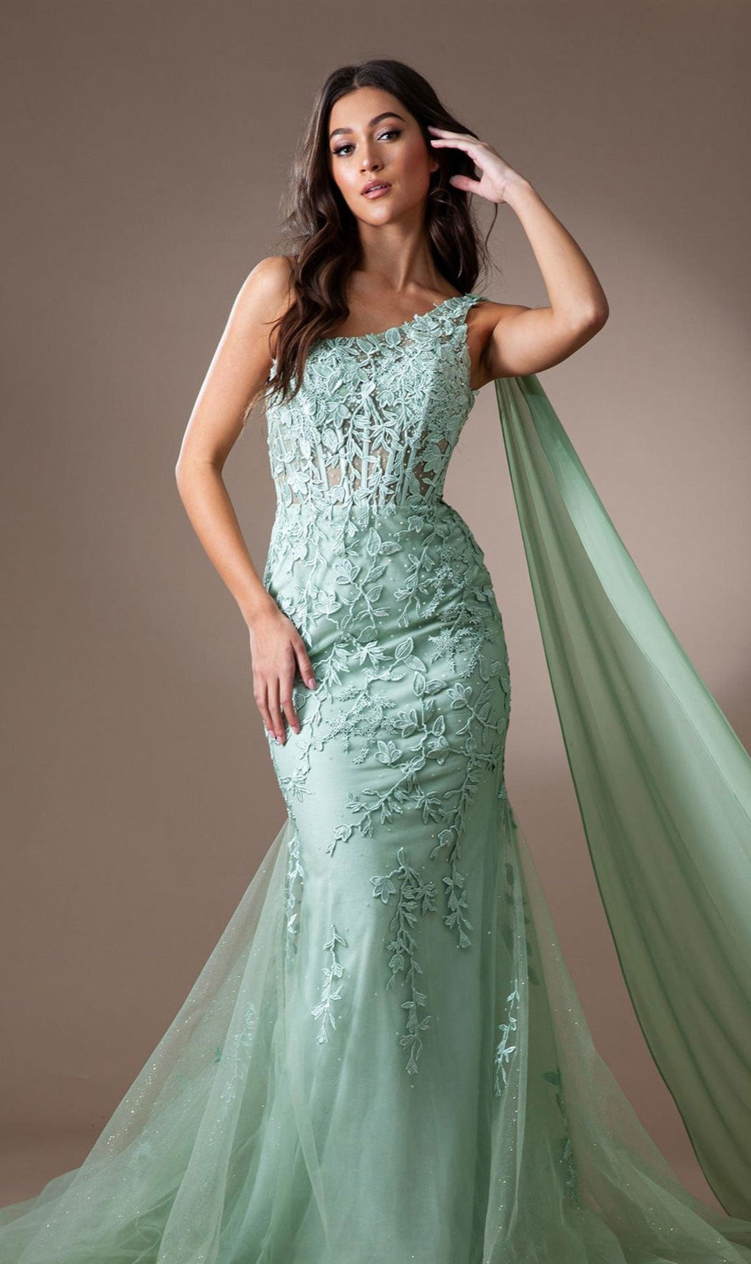 Woman wearing a fitted, light green One-Shoulder Long Lace Mermaid Prom Dress 7048 with floral embroidery and a sheer overlay, posing against a plain background.